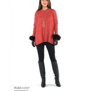 CAbi Red and Black Crew Neck Sweater with Dramatic Cuffs